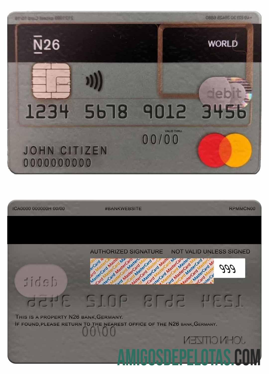 Mastercard de débito bancário N26 da Alemanha exemplo